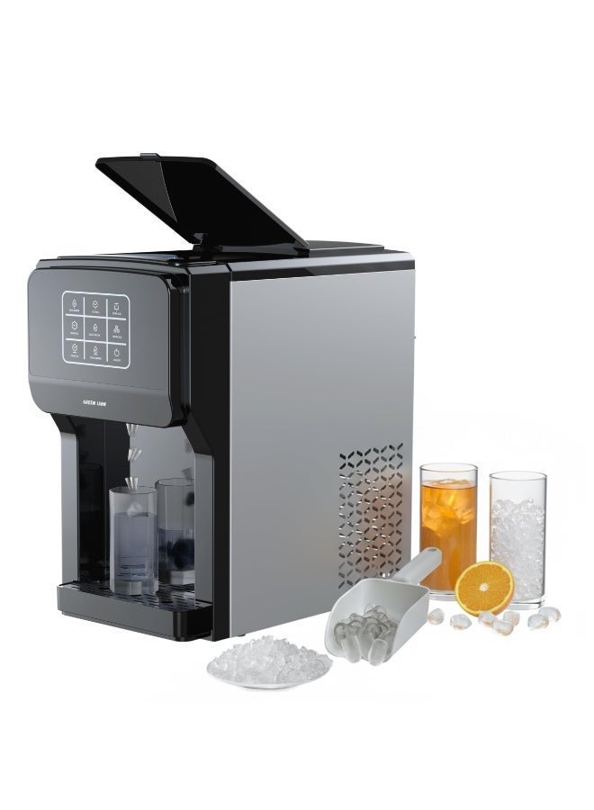 جرين ليون جهاز صنع الثلج وموزع المياه 3 في 1 يوضع على سطح الطاولة، كسارة ثلج، إنتاج حتى 20 كجم من الثلج يوميًا، خزان مياه بسعة 5 لتر، شاشة تحكم باللمس، مؤشر مستوى الثلج، آلة صنع ثلج بقدرة 200 واط للاستخدام المنزلي والمطبخ والحفلات والمكتب - Image 1